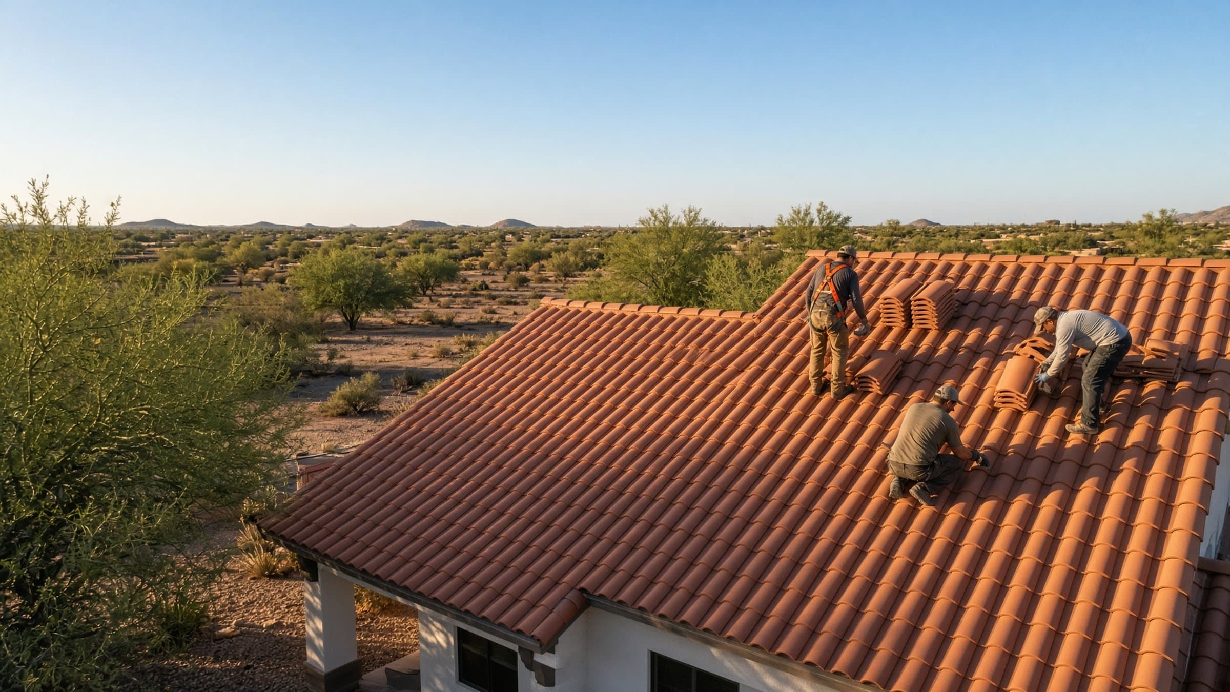 Roofing crew working on a tile roof seen from above